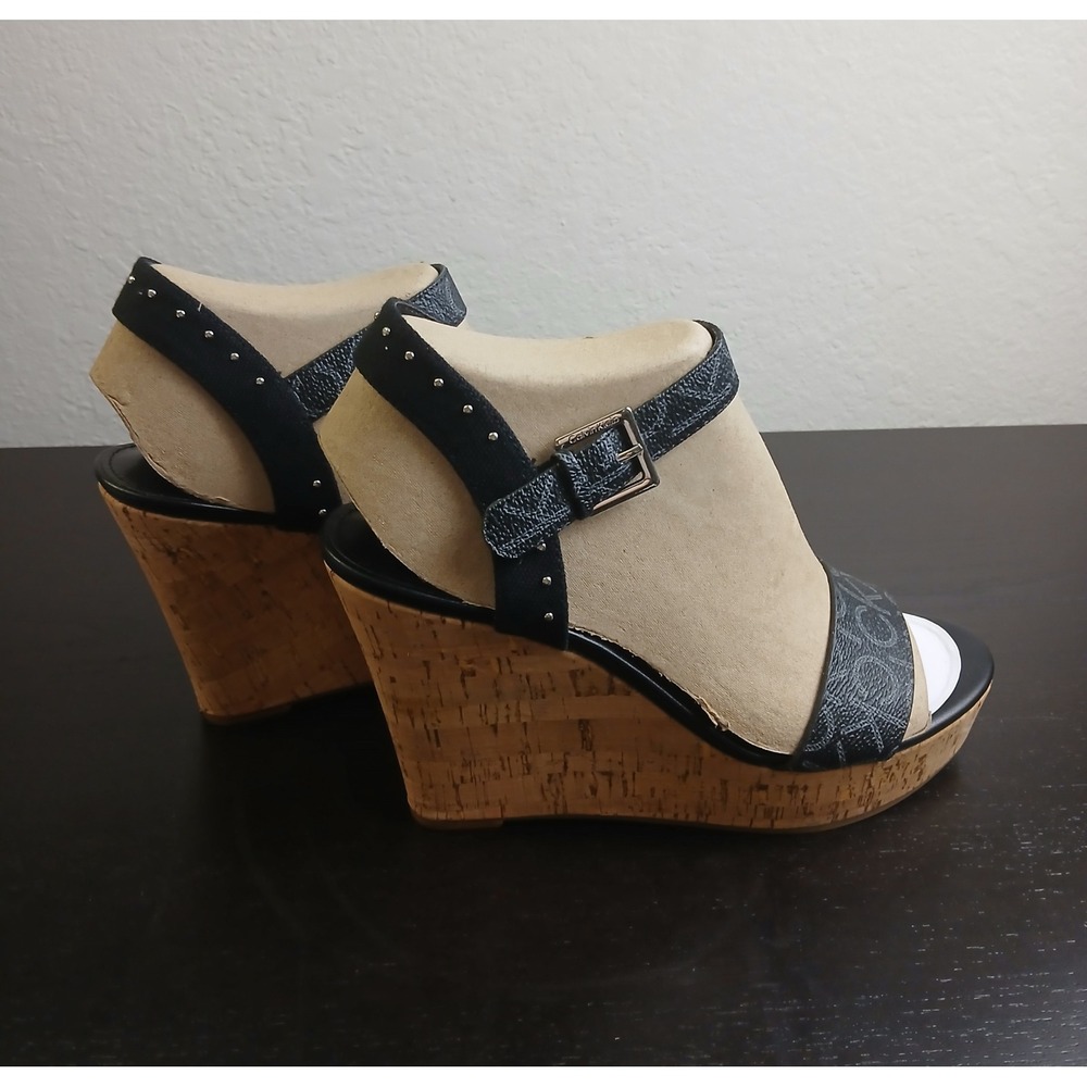 Calvin Klein Karmona Black Monogram Cork Wedge Sandal Studded Ankle Strap 9M NEW